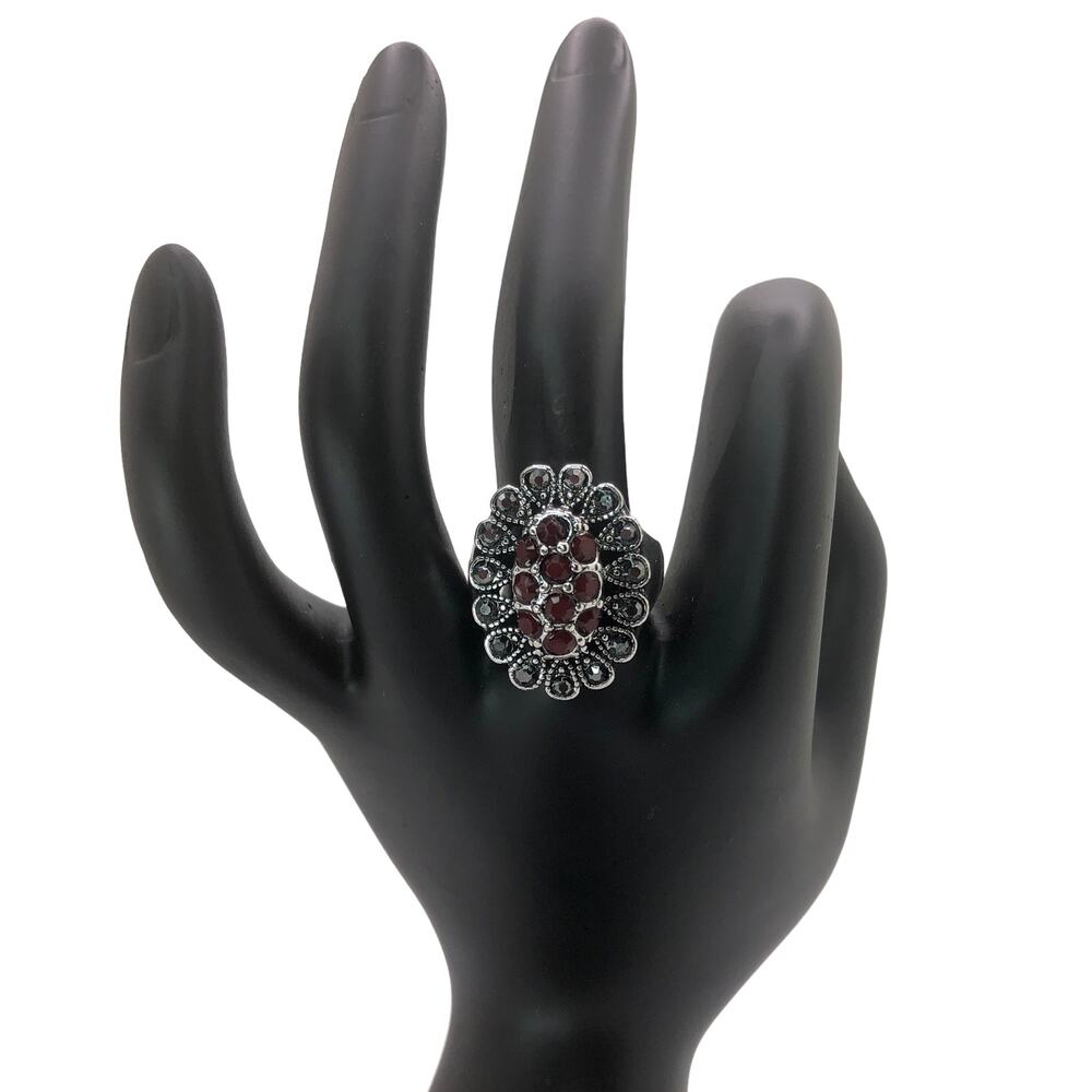 Silver and Red Rhinestone Statement Ring - Size 9 - Picture 2 of 7